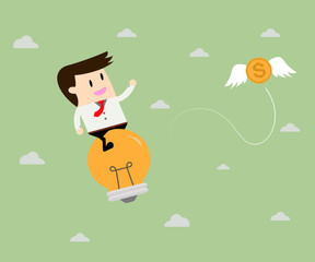 Businessman riding flying idea follow the money. Business concep