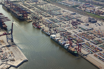 Aerial view of container terminal at the port of Hamburg