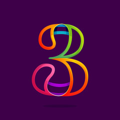 Number three logo in funny colorful neon line style.