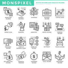 Flat thin line Icons set of Active Income and Passive Income. Pixel Perfect Icons. Simple mono linear pictogram pack stroke vector logo concept for web graphics.