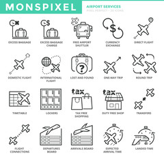 Flat thin line Icons set of Airport Services. Pixel Perfect Icons. Simple mono linear pictogram pack stroke vector logo concept for web graphics.