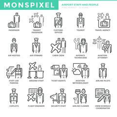 Flat thin line Icons set of Airport Staff and People for Web Development. Pixel Perfect Icons. Simple mono linear pictogram pack stroke vector logo concept for web graphics.