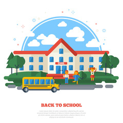 Obraz na płótnie Canvas School Building, Yellow Bus and Funny Kids