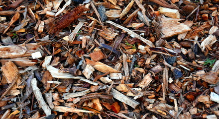 Bark leaves and wood chippings mulch as an abstract coarse background texture