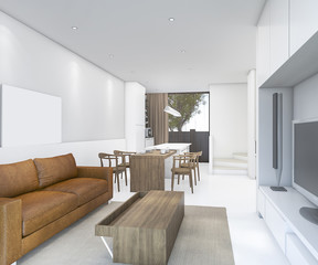 Fototapeta premium 3d rendering nice leather sofa in living room with dining counter