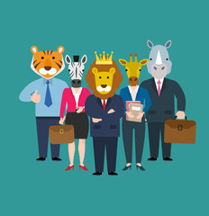 business team men and women with animals heads tiger zebra lion giraffe rhino © tarikdiz