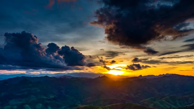 Time lapse, Sunset over mountain at Phou Khoun in Laos.(Zoom out)