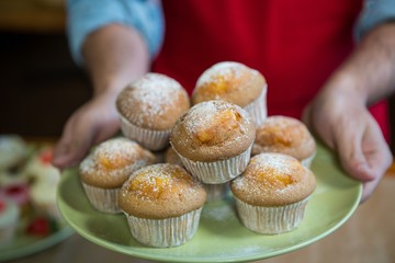Mid section of staff holding a tray of cupcakes