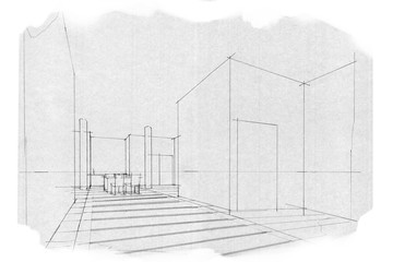 sketch stripes reception, black and white interior design.