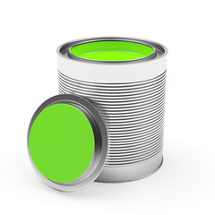 Open a bank with green paint isolated on white background. 3D illustration   