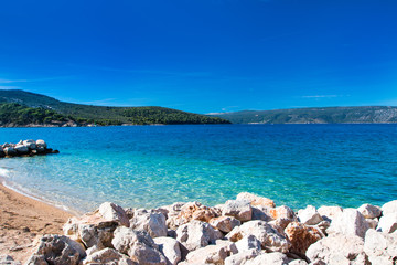 Blue lagoon on Cres Island in Croatia, seascape, sunny summer day 