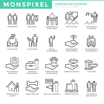 Flat thin line Icons set of Charities and Volunteer. Pixel Perfect Icons. Simple mono linear pictogram pack stroke vector logo concept for web graphics.