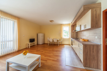 Modern living room with kitchen. Interior photography.