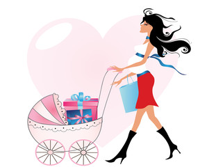 Young attractive pregnant woman with a pink baby carrier full of presents