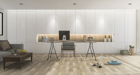 3d rendering wood working room with nice furniture and decor