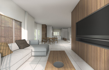 3d rendering wood style living room with dining room