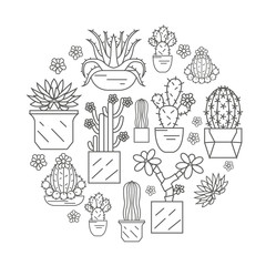 Cactuses and succulents icon set. Houseplants. Thin line design