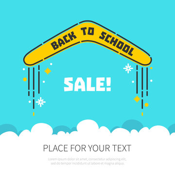Back to school concept with a flying boomerang and place for your text on blue background. Educational concept. Sale and discount poster.Vector illustration.