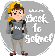 Back to School Text lettering with Boy Student Character. Vector Illustration