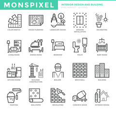 Flat thin line Icons set of Interior Design and Building. Pixel Perfect Icons. Simple mono linear pictogram pack stroke vector logo concept for web graphics.