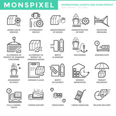 Flat thin line Icons set of International Logistic and Ocean Freight. Pixel Perfect Icons. Simple mono linear pictogram pack stroke vector logo concept for web graphics.
