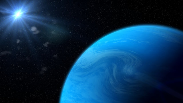 blue gassy exoplanet lit by a nearby star
