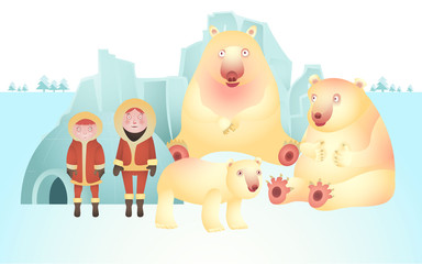 character of polar bear and eskimo, graphic of North Pole life