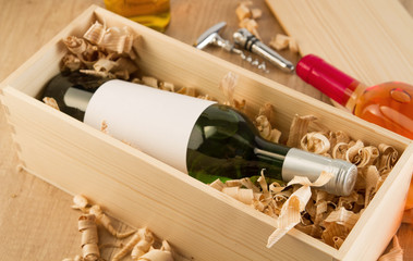 Wine bottle in wooden box