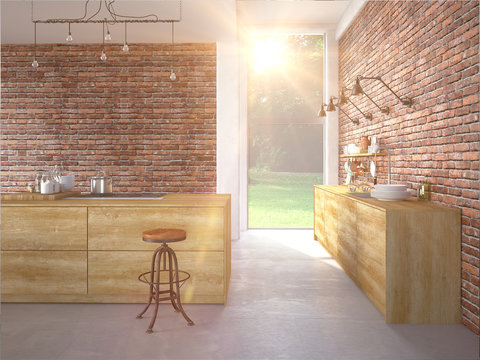 Modern kitchen with a brickwall. 3d rendering