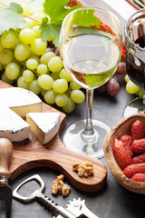 Wine, grape, cheese, sausages