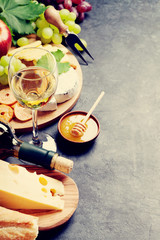 Wine, grape, cheese and honey
