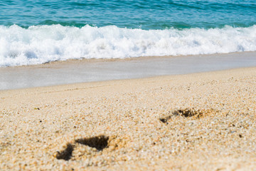 Footsteps on the sand beach, sea on background, seashore