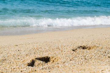 Footsteps on the sand beach, sea on background, seashore