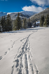 Fototapeta na wymiar Footpath leading to the mountain shelter in the winter, Tatra Mountains, Poland