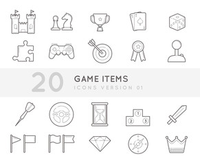 Flat thin line Icons set of Game Items. Simple mono linear pictogram pack stroke vector logo concept for web graphics.