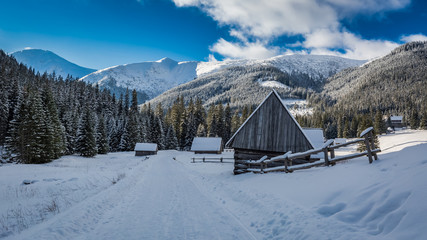 Snow covered chocholowska valley at sunset, Tatra Mountains, Poland