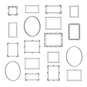 Set of hand drawn decorative vintage photo frames. Doodles, sketch for your design. Vector illustration.