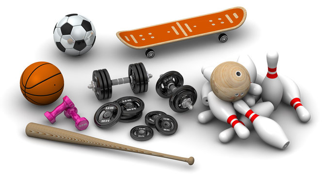 Sports Equipment. Dumbbells, basketball, bowling ball, skittles, soccer ball, baseball-bat and skateboard lie on a white surface. 3D Illustration