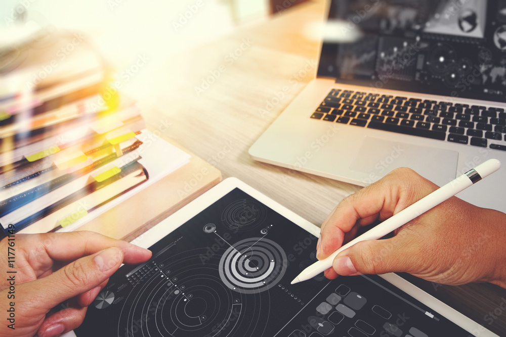 Poster Website designer working digital tablet and computer laptop with