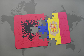puzzle with the national flag of albania and andorra on a world map background.