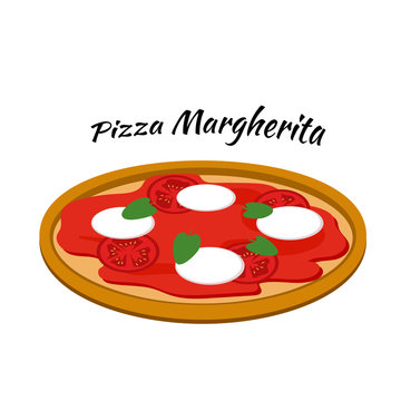 Pizza margherita with mozzarella, tomato sauce and oregano. Vector illustration in flat style