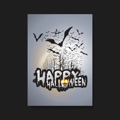 Happy Halloween Card, Flyer or Cover Template - Flying Bats Over the Autumn Woods and Spooky Creatures with Glowing Eyes - Vector Illustration