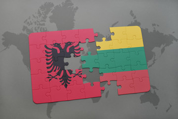 puzzle with the national flag of albania and lithuania on a world map background.
