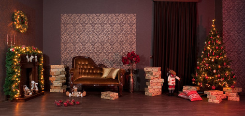 Christmas interior with fireplace, tree and garland