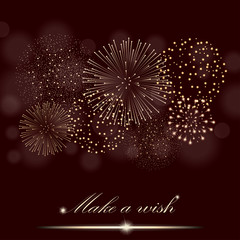 Golden firework show on ambient burgundy blurred background. "Make a wish" concept. Vector illustration