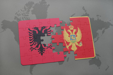 puzzle with the national flag of albania and montenegro on a world map background.