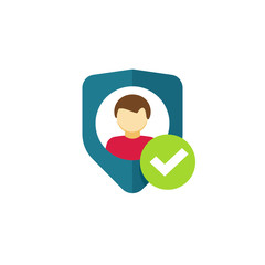 User authentication icon vector, privacy emblem, flat shield with person symbol, personal protection sign, authentication security icon, secure confidentiality label isolated on white background