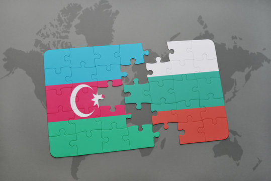 puzzle with the national flag of azerbaijan and bulgaria on a world map background.
