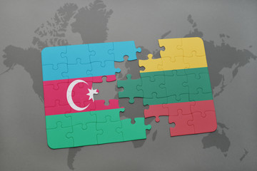 puzzle with the national flag of azerbaijan and lithuania on a world map background.
