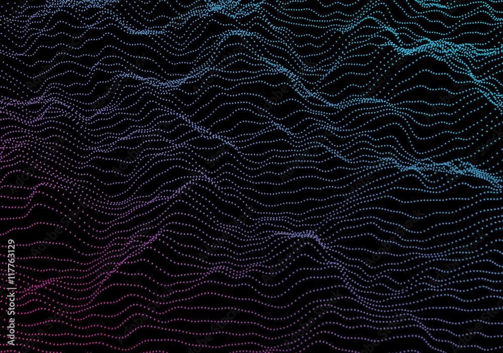 Poster abstract 3d rendering of waves with particles on black background. futuristic background with lines 
